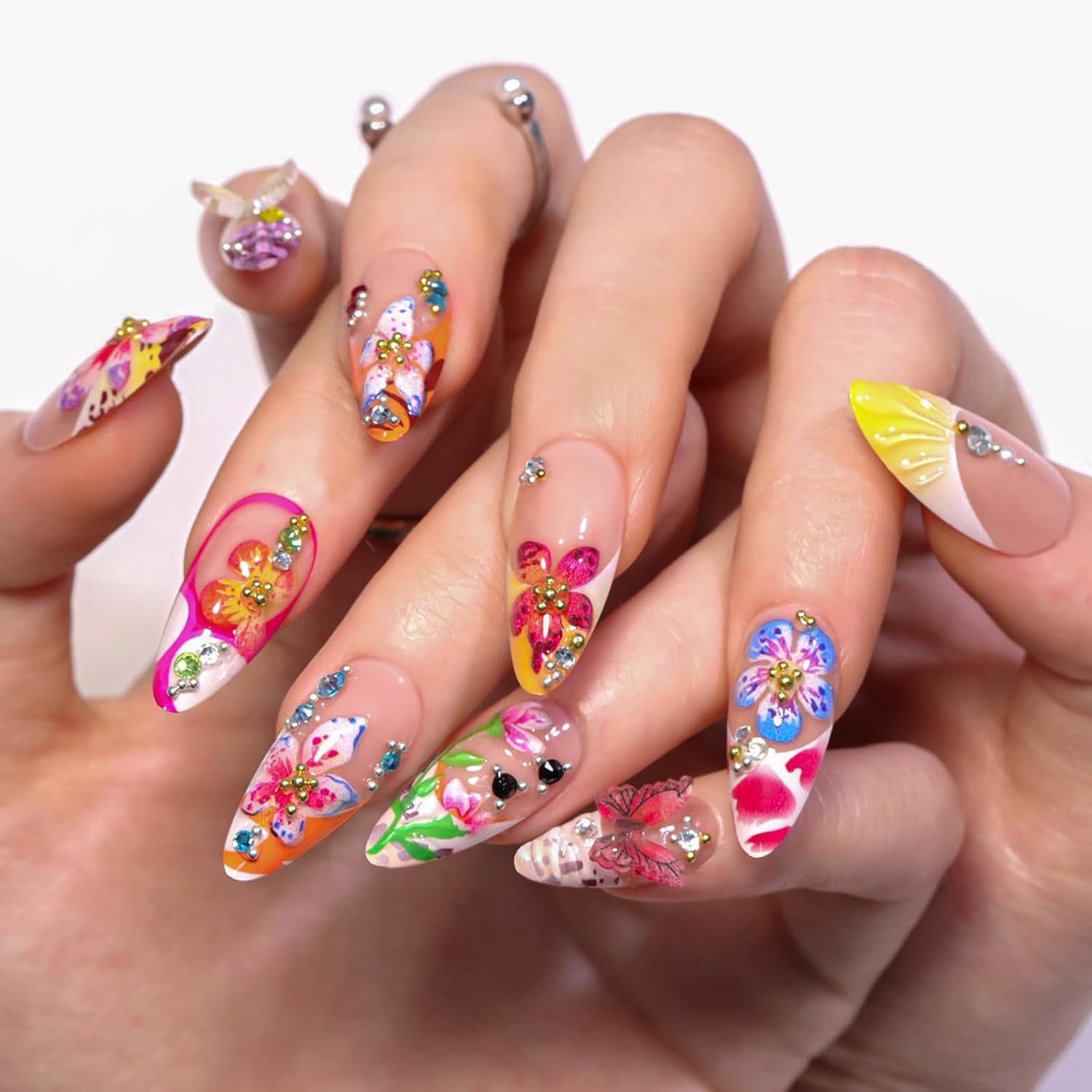 HOSAILY 3D Flower Summer Press on Nails Medium Almond, 24Pcs Colorful Butterfly