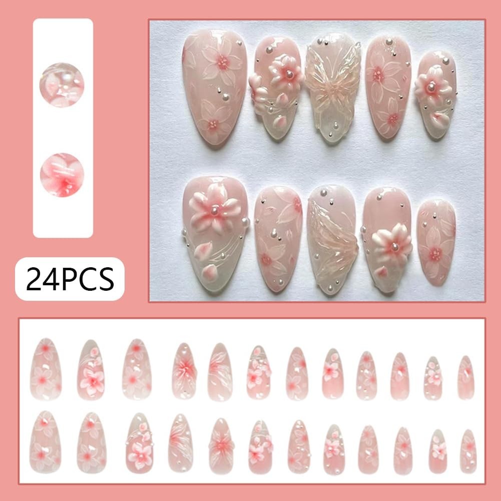 Almond Shape Press on Nails Medium Fake Nails with 3D Flower Line Pearl Handm…