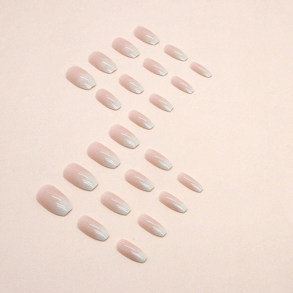 Ombre White Press on Nails Coffin Short Medium Pink on Nails with Gradient De…