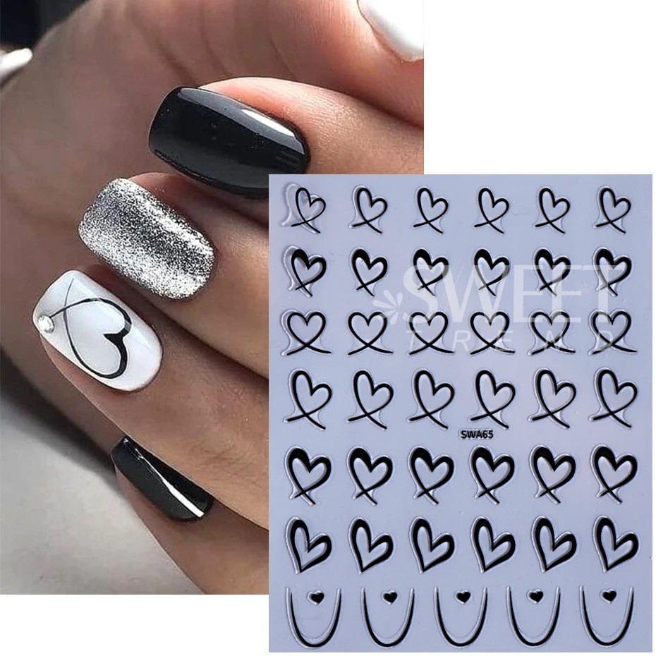 Nail Art Stickers 3D Black White Pink Lines Love Heart Nail Decals Adhesive 3PCS
