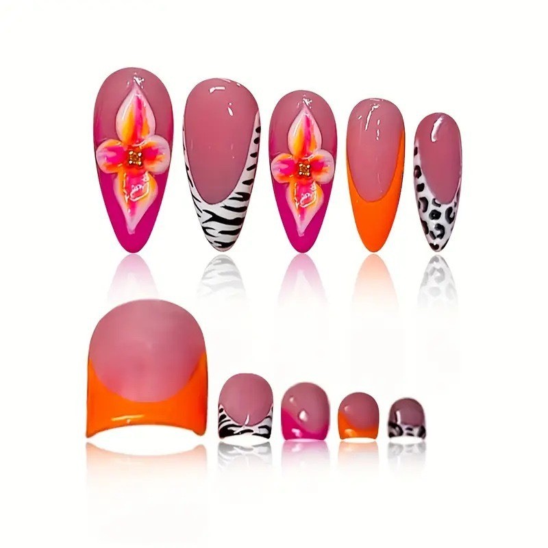 Press on Nail， Orange Pink Contrast Zebra Pattern, Long Fake Nail, 48 Piece Set