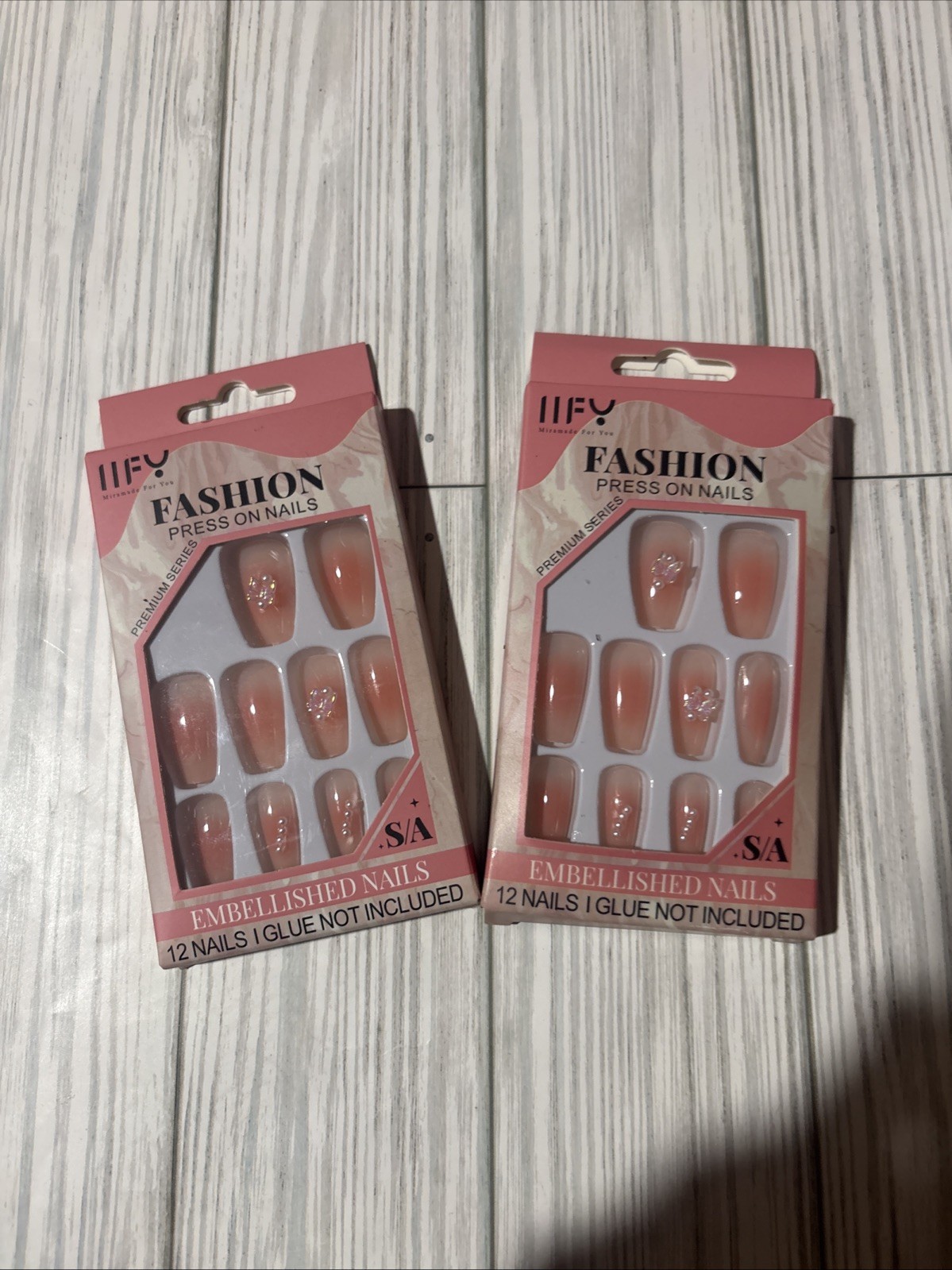 2 Sets Pink Rhinestone Embellished Artificial Nails No Glue/24 Nails