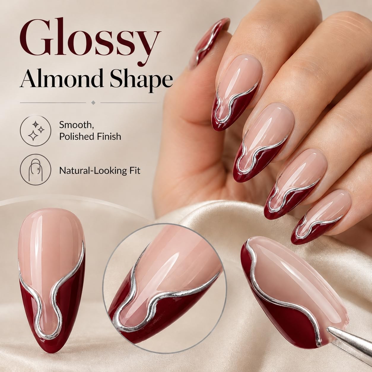Press on Nails Medium Almond 3D Wine Red French Tip Fake Nails