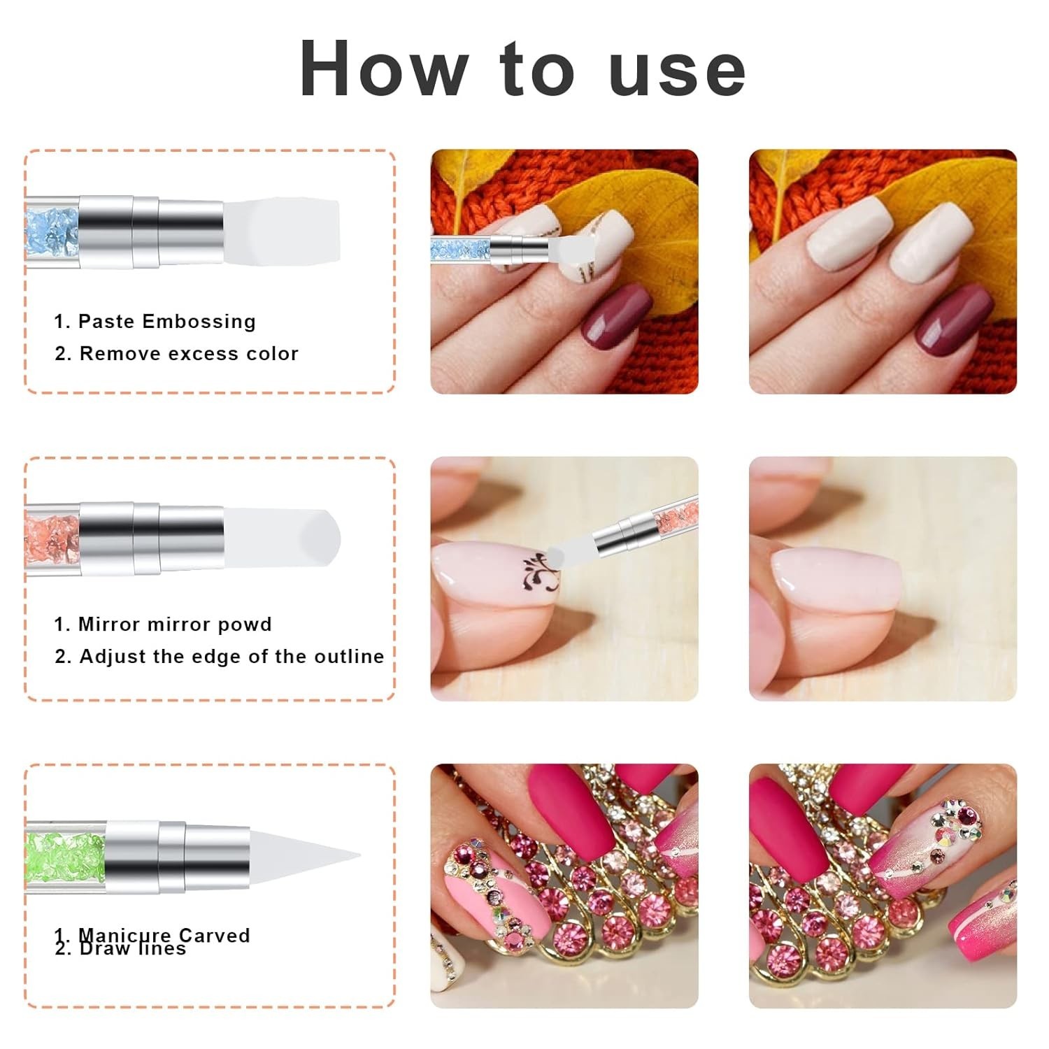 5 Pcs Nail Art Sculpture Pen Dual Tipped Silicone Nail Tools Nail Art Acrylic…