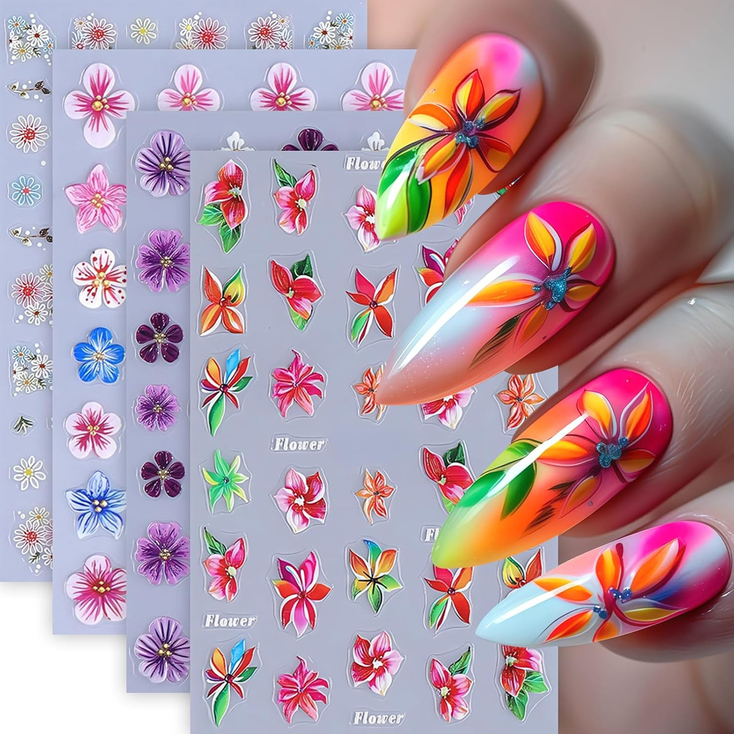 6Sheets Flower Nail Stickers Lily Flower Stickers for Nails 3D Self Adhesive Flo