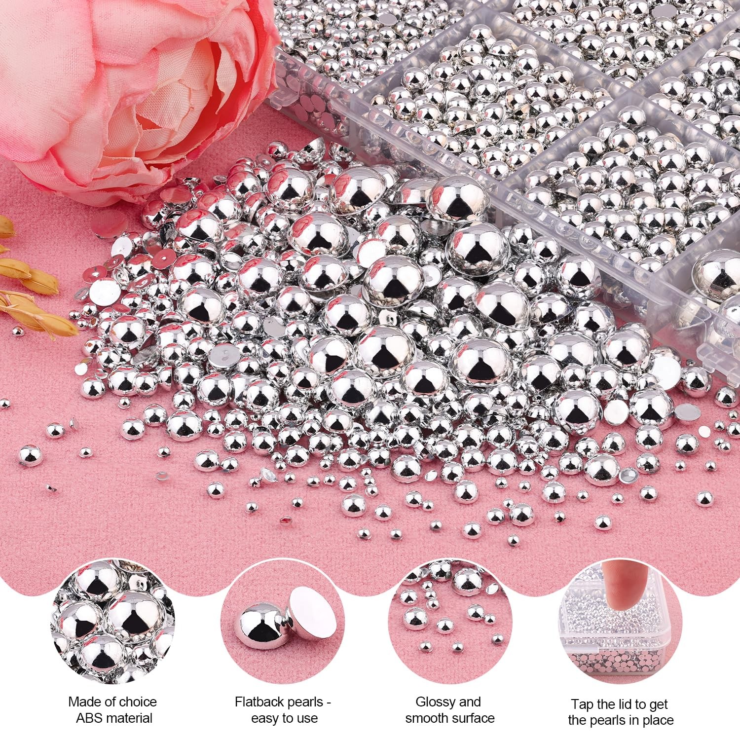 TINKRSTUFF Assorted Size Flatback Pearls for Crafting Nail Art Silver Color L…
