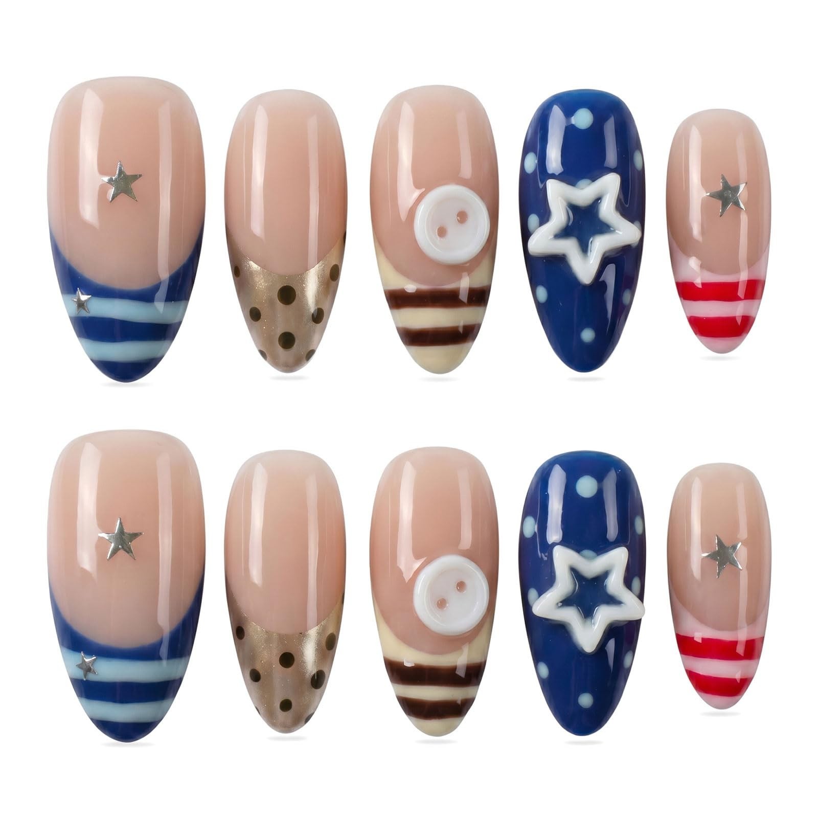Patriotic Blue Almond Press-On Nails – 3D Star & Button Charms, Nautical Stripes