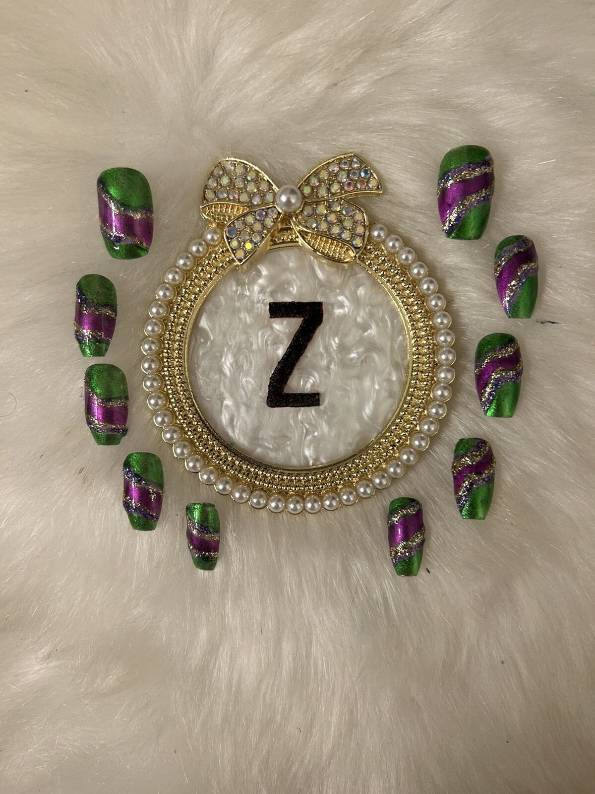 Z NAILZ! Gorgeous Set Of Handmade M Coffin Purple/Green/Gold Press On Nails