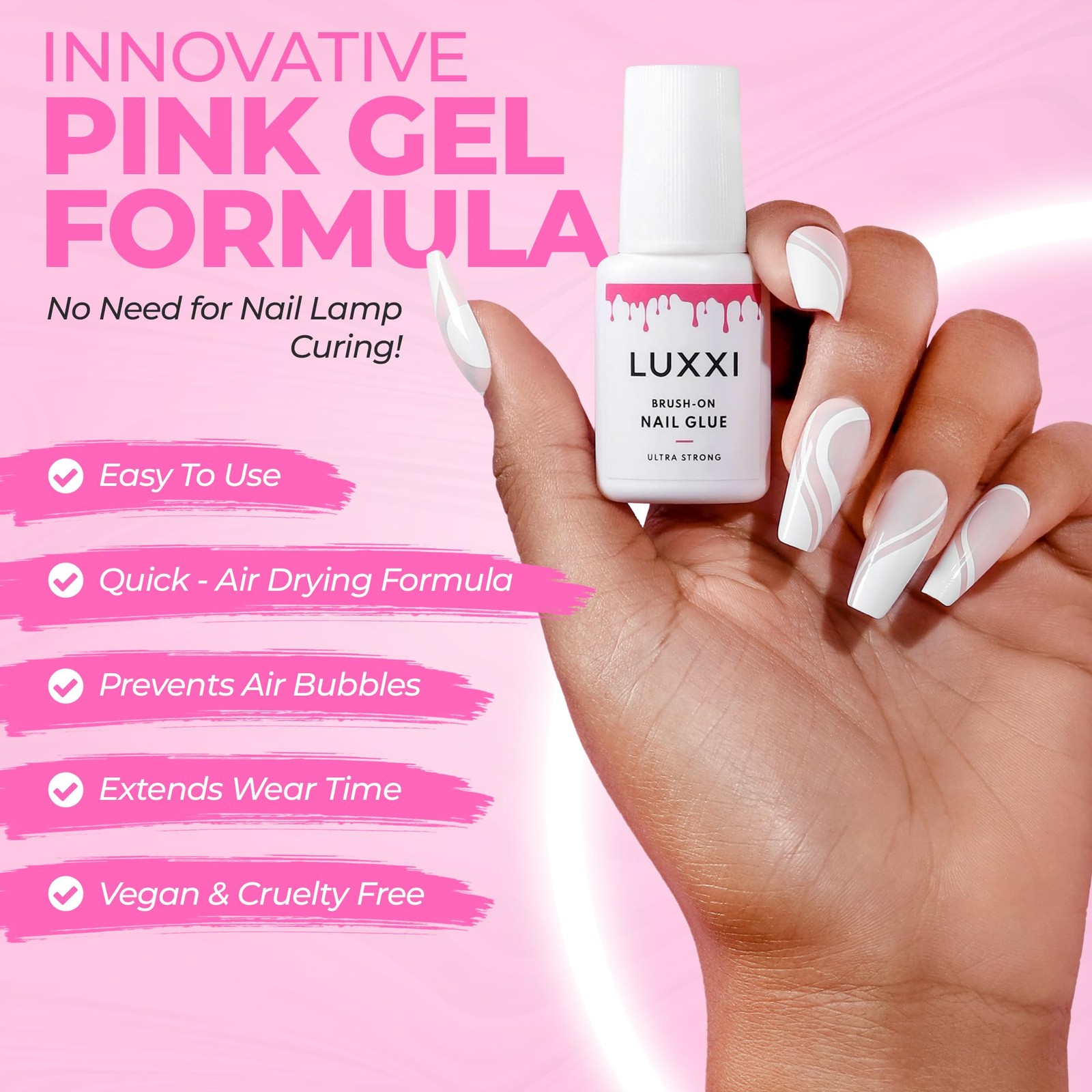 LUXXI Brush On Nail Glue for Press Nails – Precision Applicator, Pink Gel