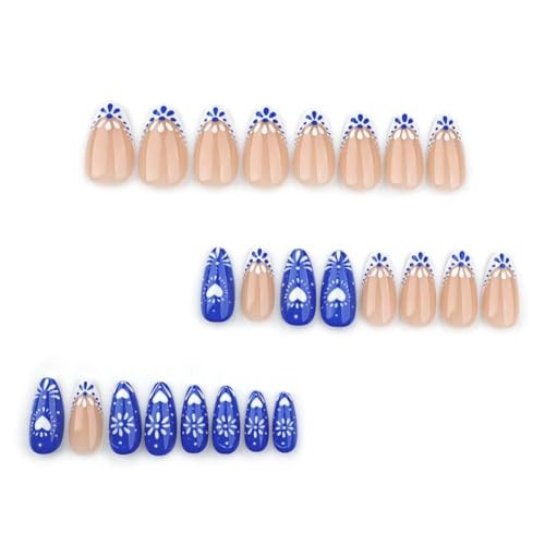 Blue White Totem Press on Nails French Tip Fake Nails Short Almond style20