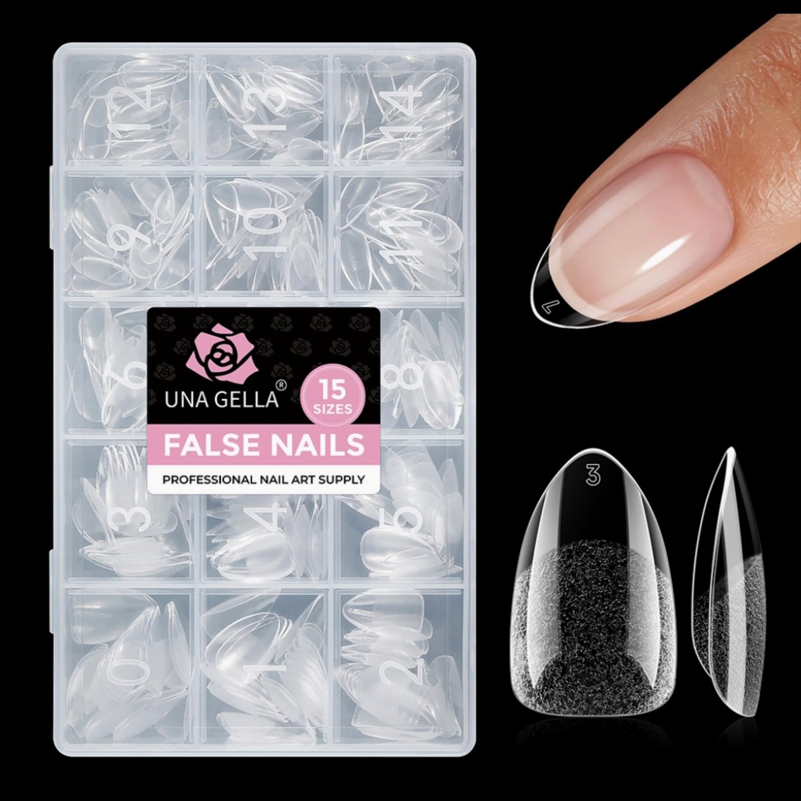 UNA GELLA Short Almond Gel Nail Tips 15 Sizes (15 sizes), Clear