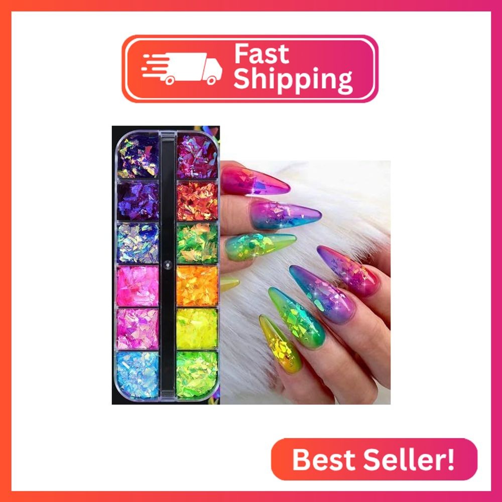 12Grids Holographic Mermaid Colorful Nail Art Glitter,Irregular Rainbow Candy Co