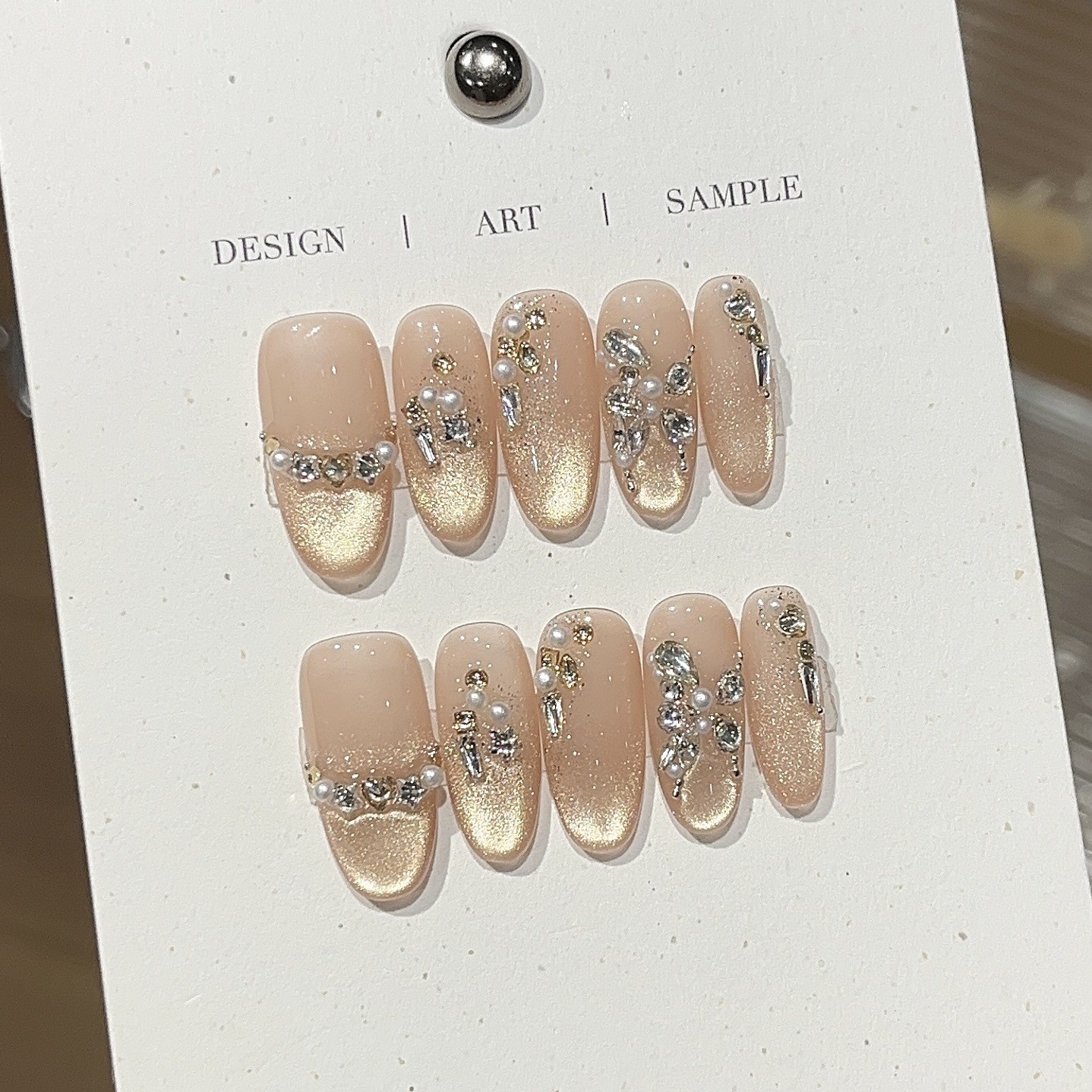 10Pcs Handmade Gold Cat Eye Nails Butterfly Rhinestone Luxury Party