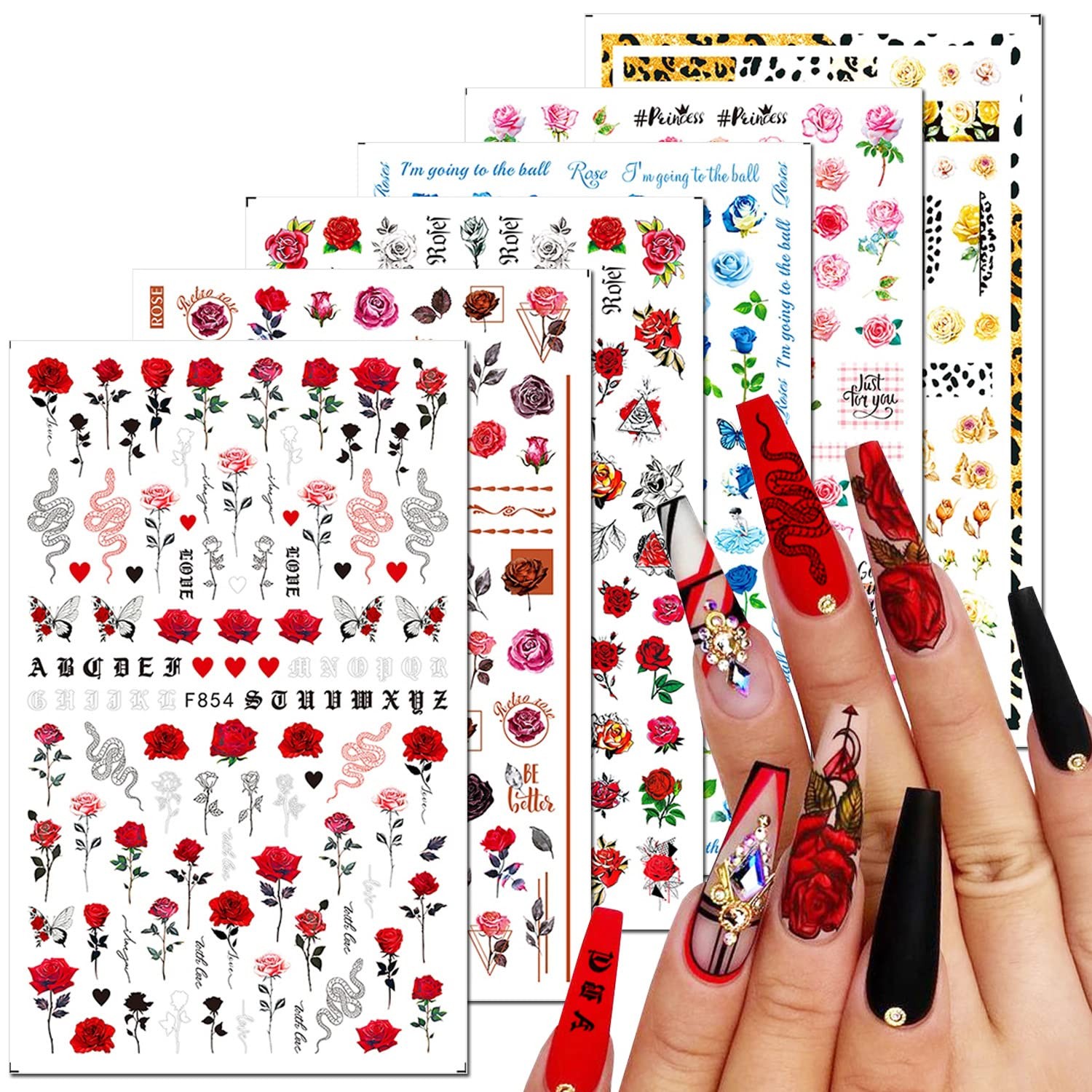 6 Sheets Flower Nail Art Stickers 3D Blue Pink Red Rose Nail Decals Spring Su…
