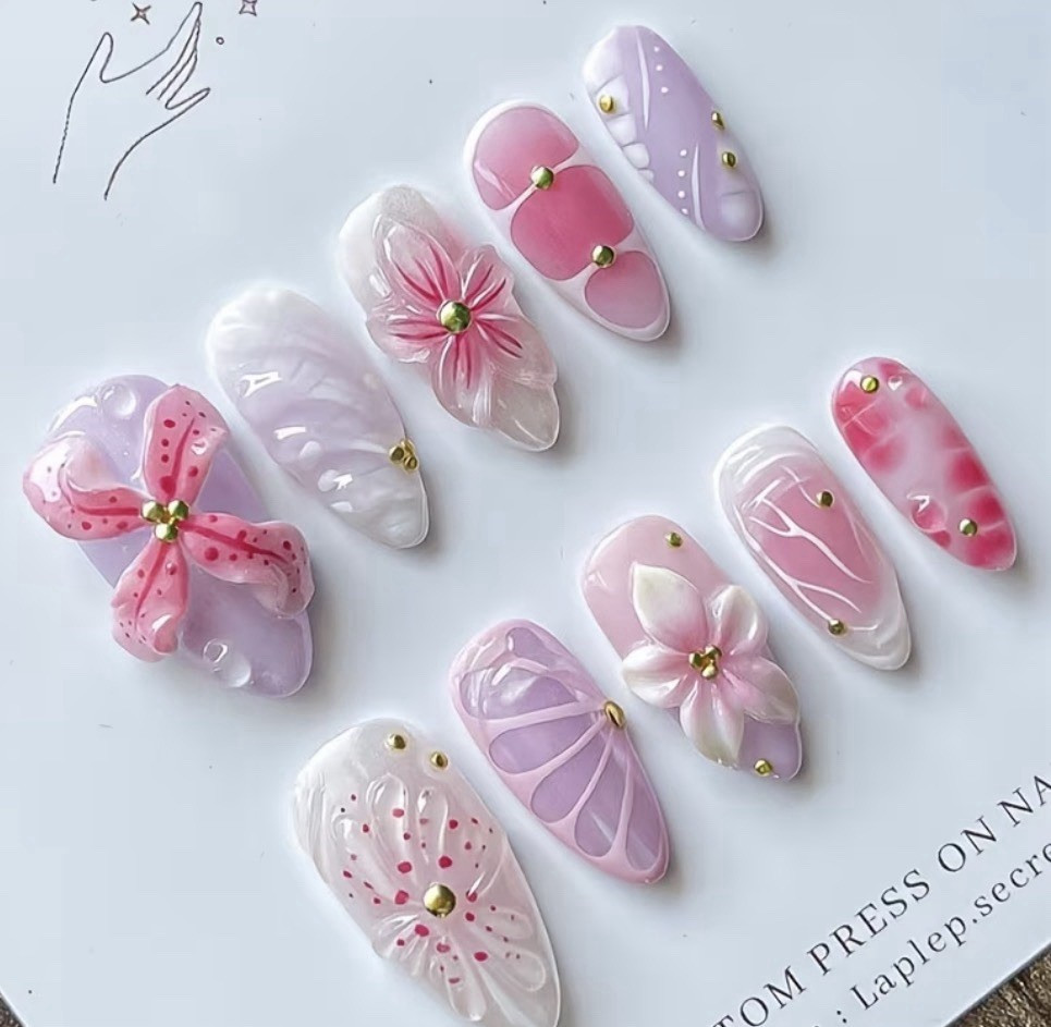 Pink Purple 3D Flower Almond Medium Acrylic Press-On Nails Set Self-Adhesive