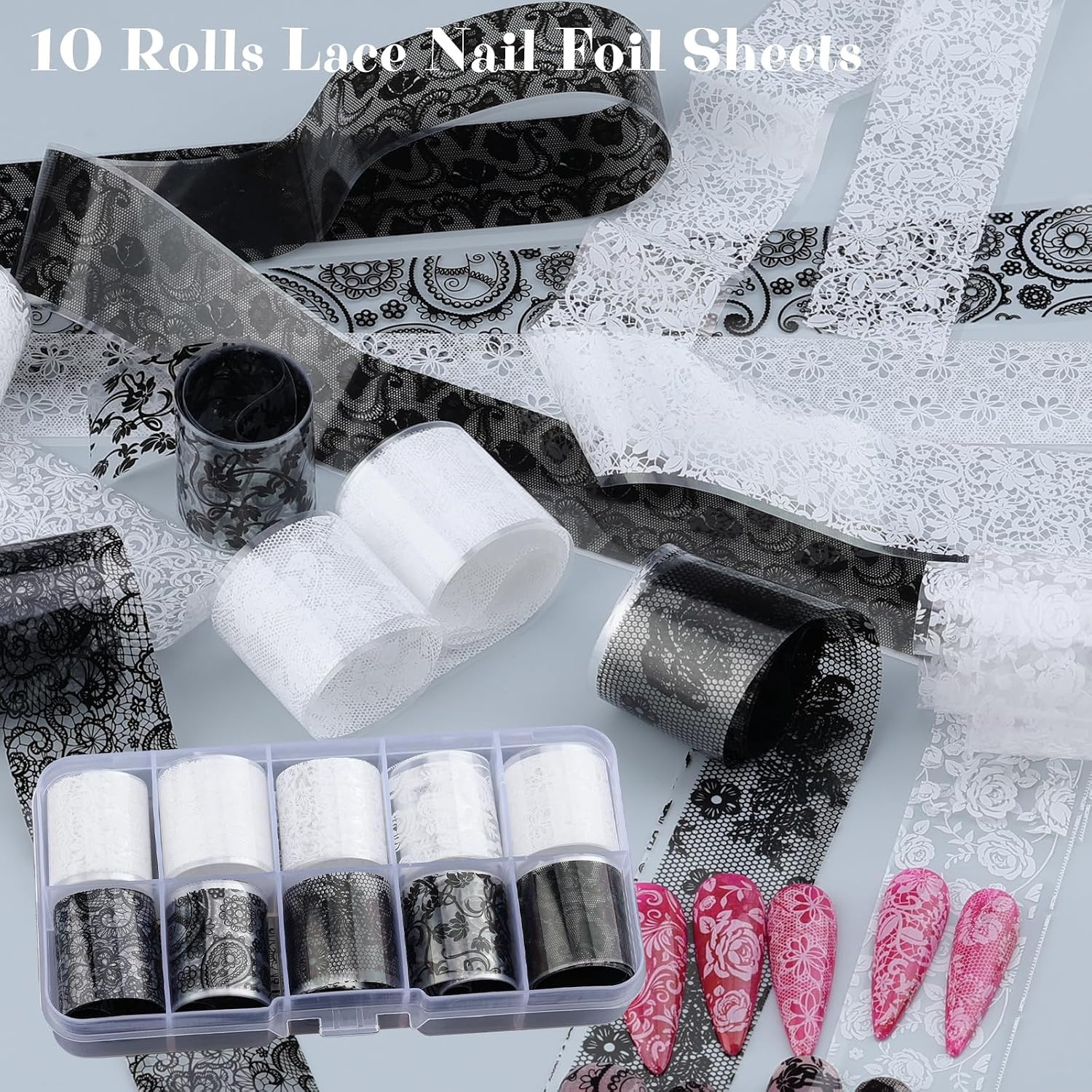 Lace Nail Foil Transfer Sheets, 10 Rolls Black White Flower Nail Art Transfer Fo