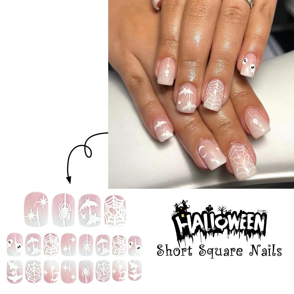 Mkwntg 24Pcs Halloween Press on Nails Short Square Fake Short, Multicolor