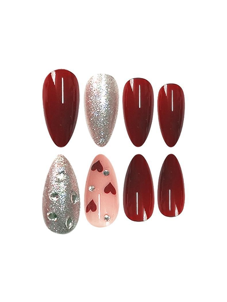 Almond Glitter Press On Nails Double Sided Love Heart Removable