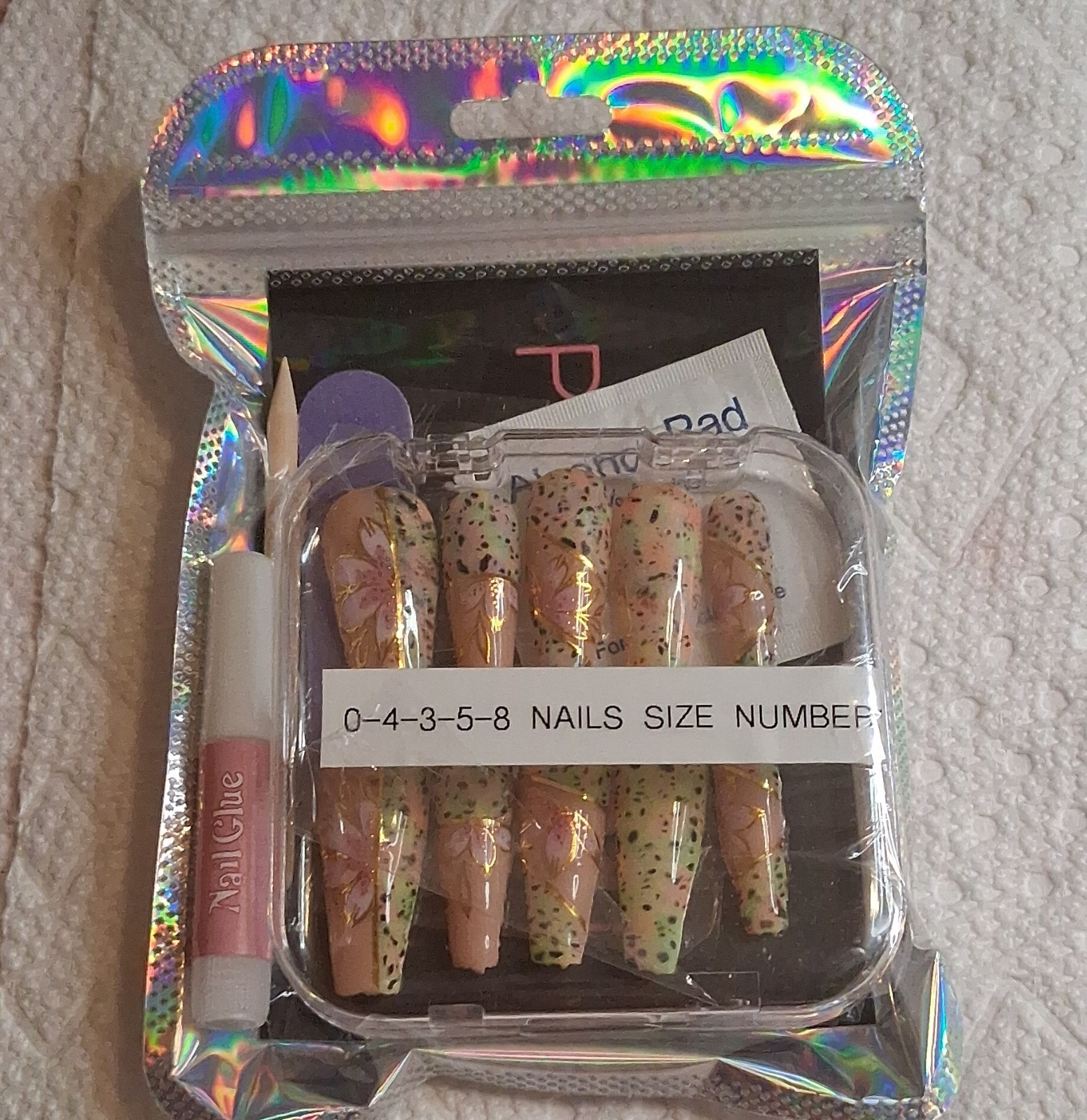 beige multicolor floral glitter coffin homemade press-on nails set