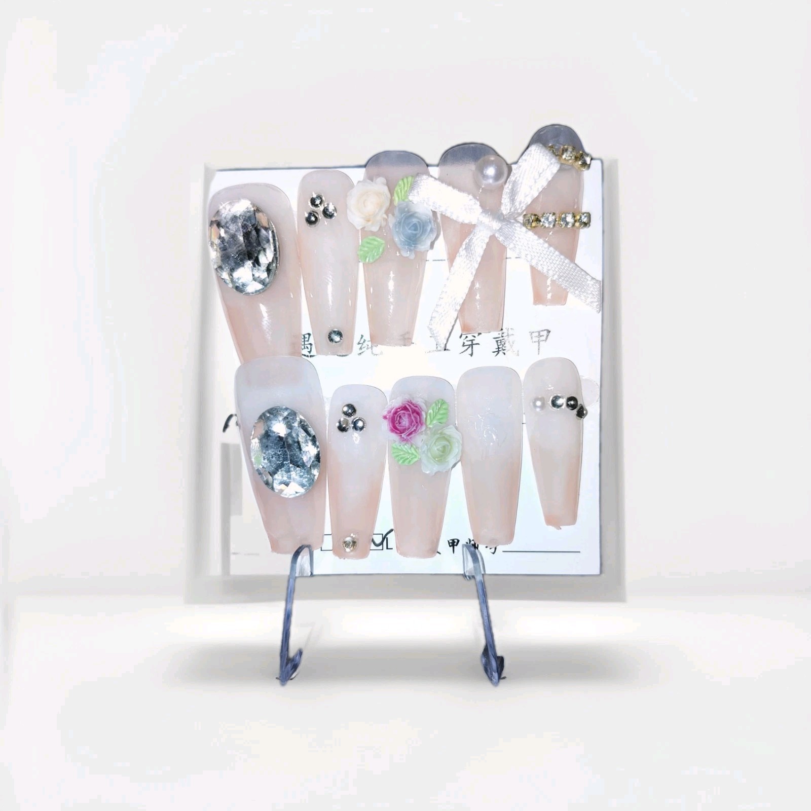 Nude Pink Blue 3D Flower Bow Rhinestone Long Coffin Press-On Nails Full Cover