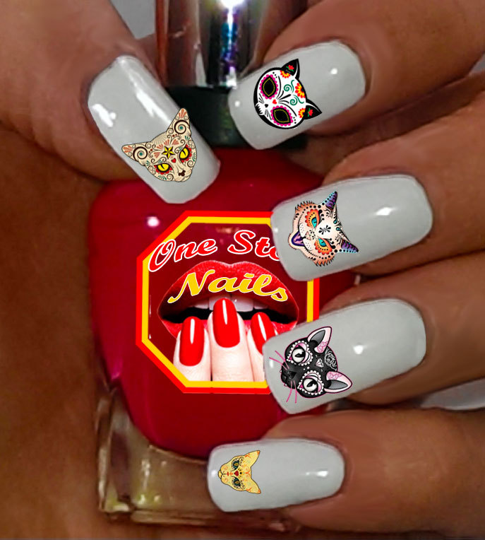 87 Sugar Skull Cats Nail Art Stickers Decals Tattoo, Dia de los Muertos SSC01-87