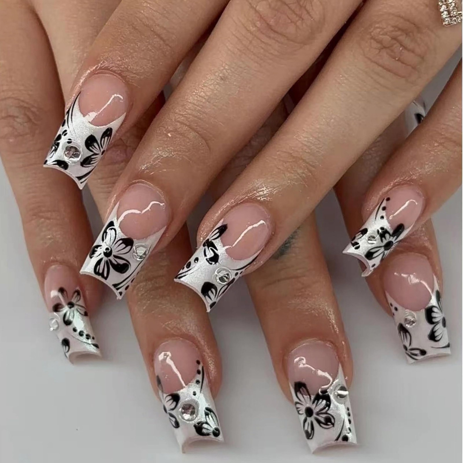 Long Square Press on Nails White Glitter French Tip Fake Nail Flower Print Gl…