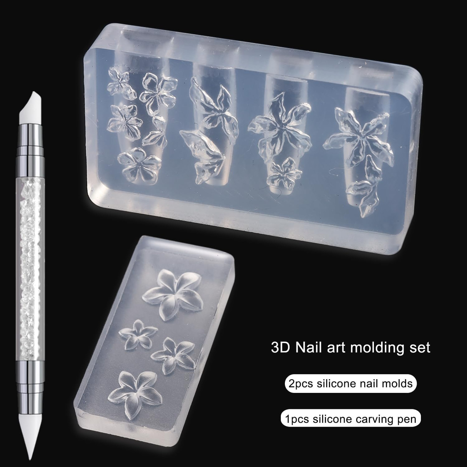 Silicone Nail Art Molds 3D Flower Design Reusable with Carving Pen 2PCS Cherry