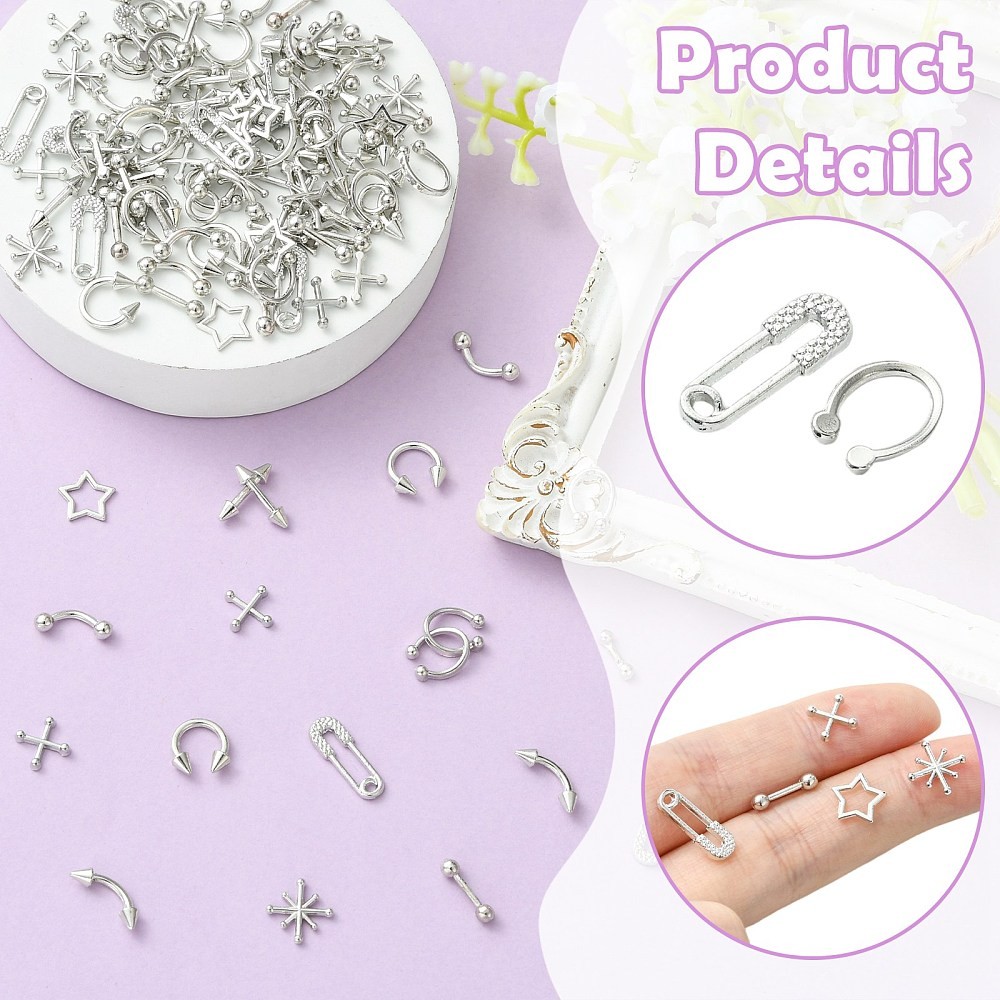 120pcs Belly Bars Nose Rings Cartilage Studs Cabochons for Manicures Nail Decor