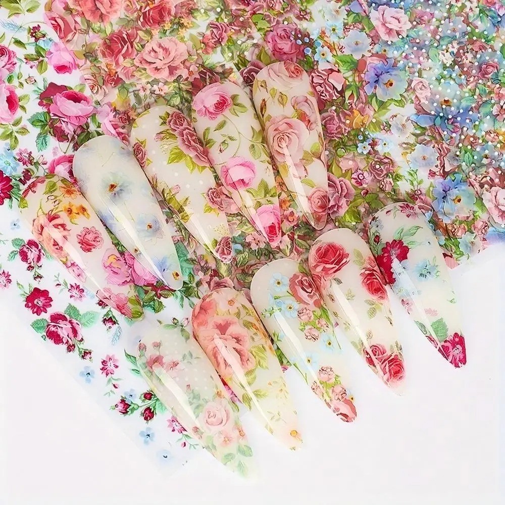 10PCS Mixed Nail Art Foils Transfer Sticker Set Rose Flower Designs Floral Decor