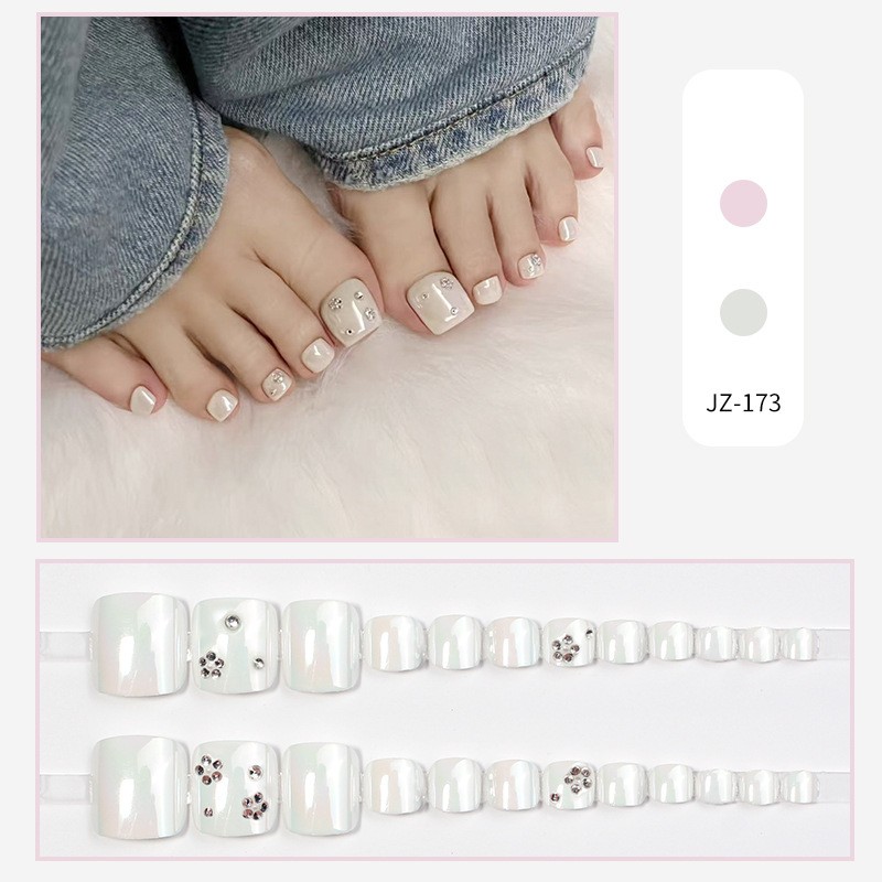 48pcs Short Square Press on Toe Nails, Milky White Single Rhinestone Plain Nails