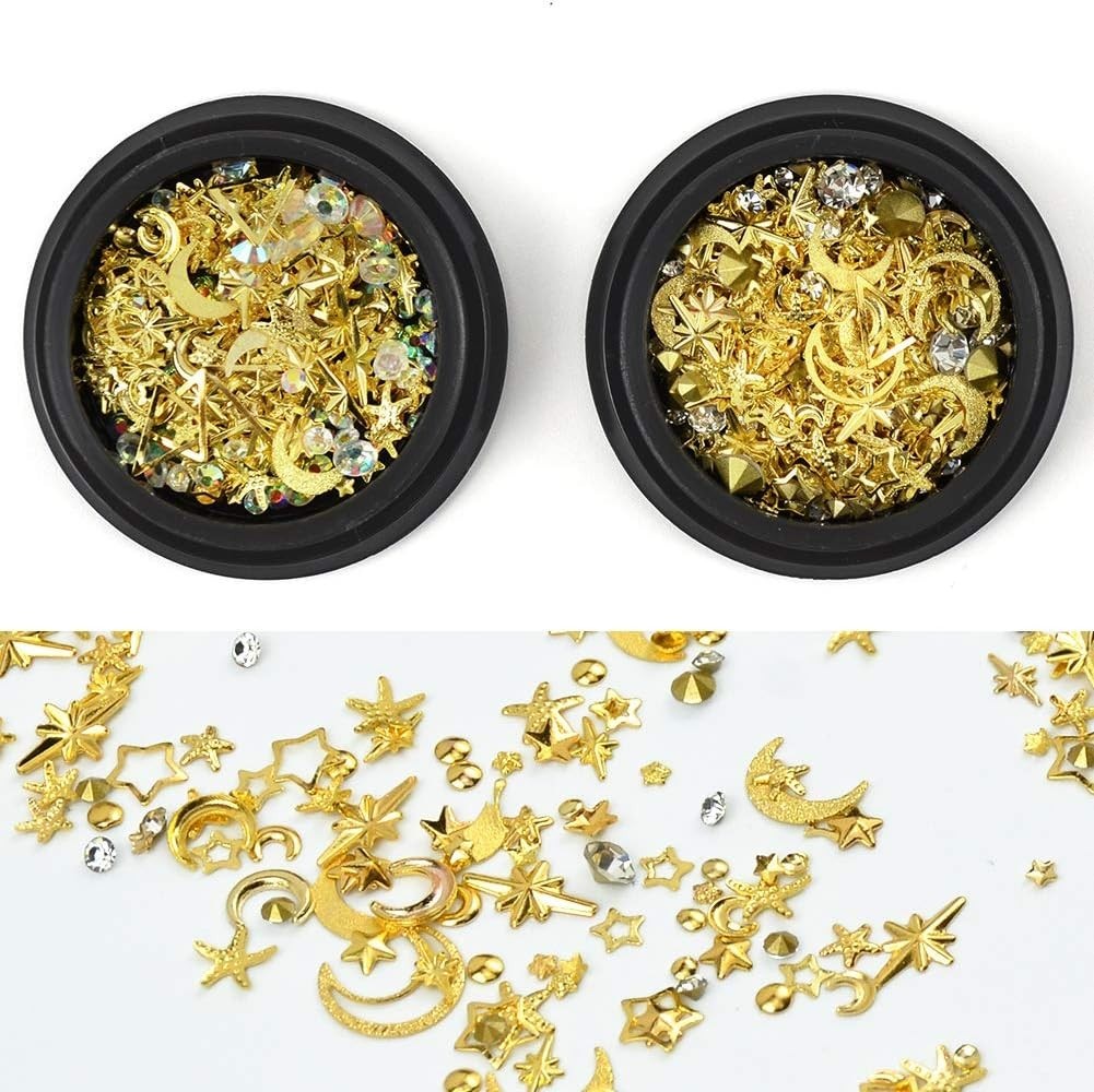 Gold Nail Studs Gems Sparkle Rhinestones Metal Rivets Charms Hollow Moon Star…