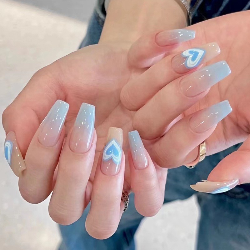 48 Pcs Light Blue Heart Gradient Coffin Press on Nails, Glossy Trendy Fake Nails