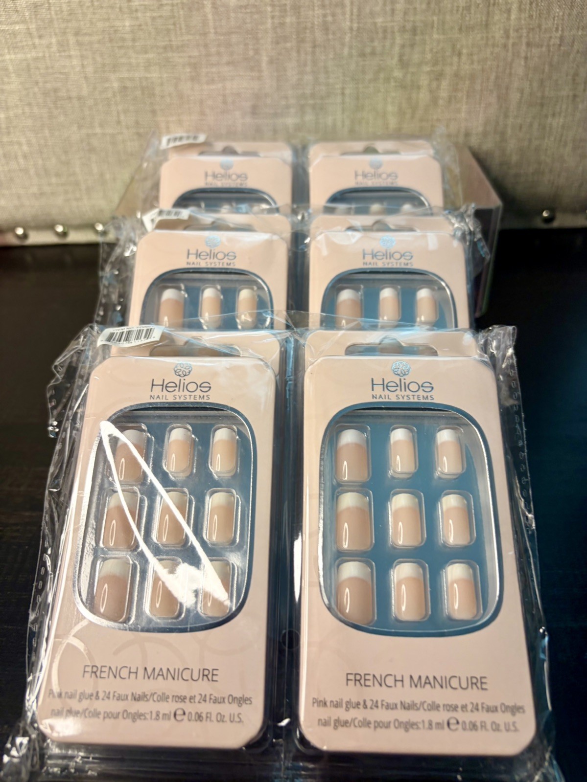 Helios French Manicure 24 Faux Press On Nails w/ Nail Glue Lot of 6