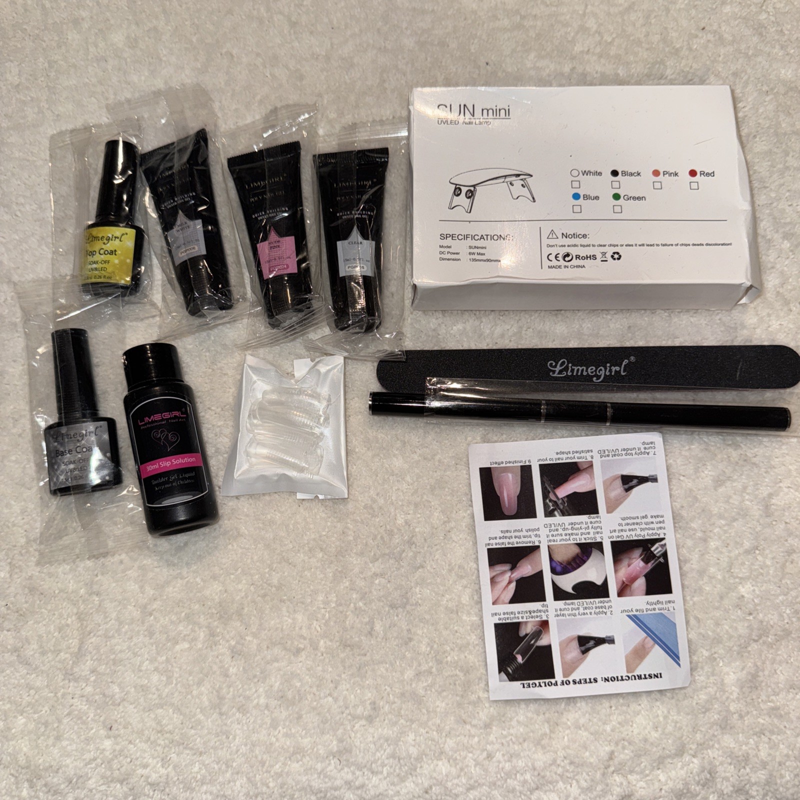 Poly Gel Extension 10pc Starter Set 36W UV LED Lamp Top Base Varnish Quick Nails