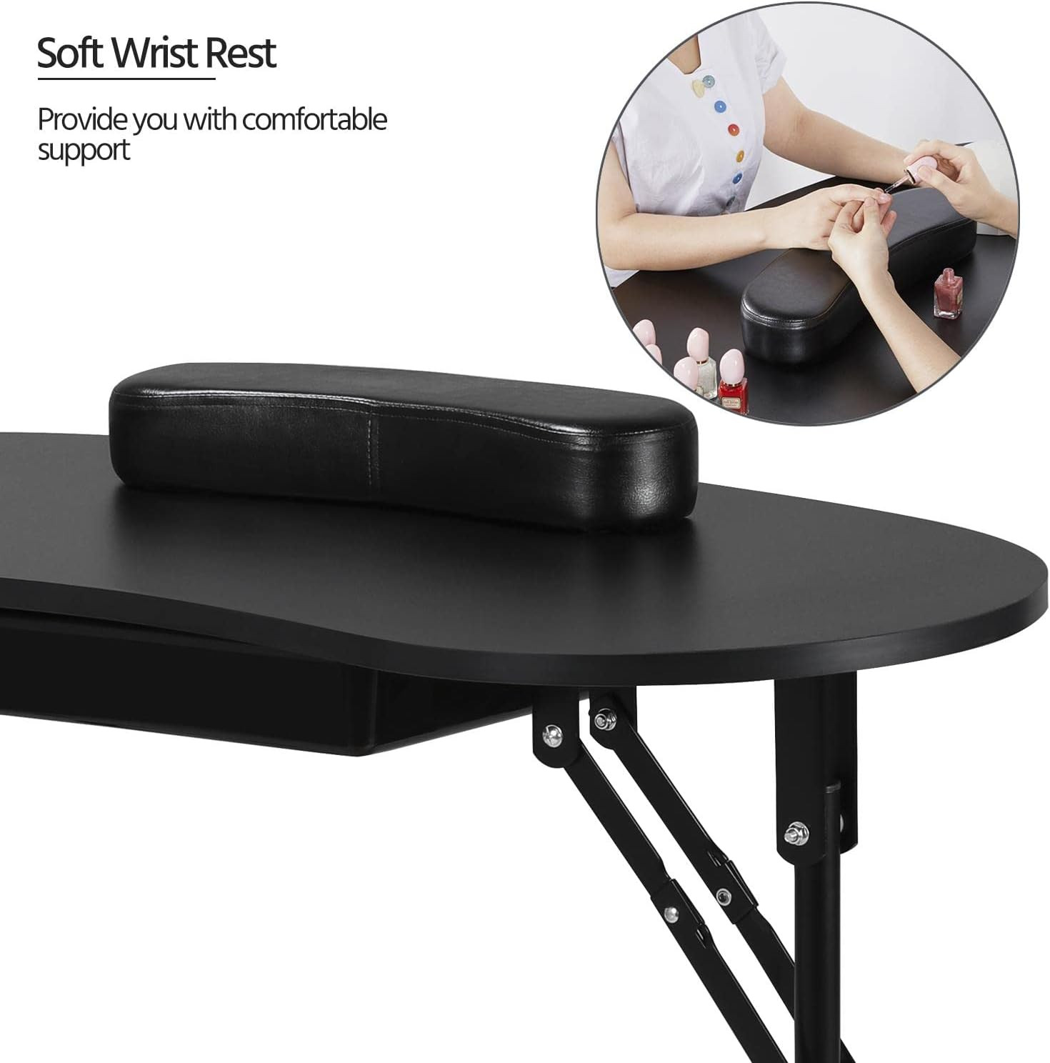 37″ Foldable Manicure Nail Table Portable with Wheels, Black | MDF Tabletop & Ir