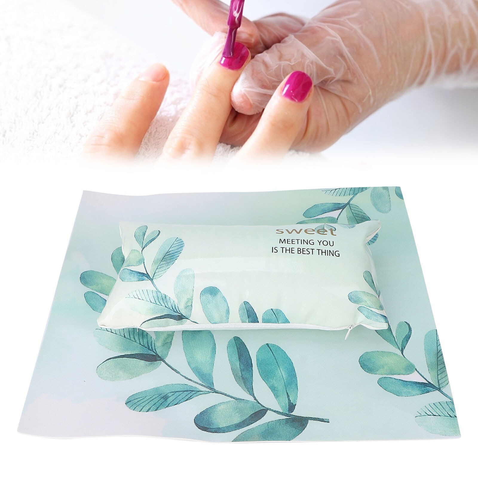 Comfortable Nail Art Hand Pillow with Mat Detachable Green Leaves Pattern