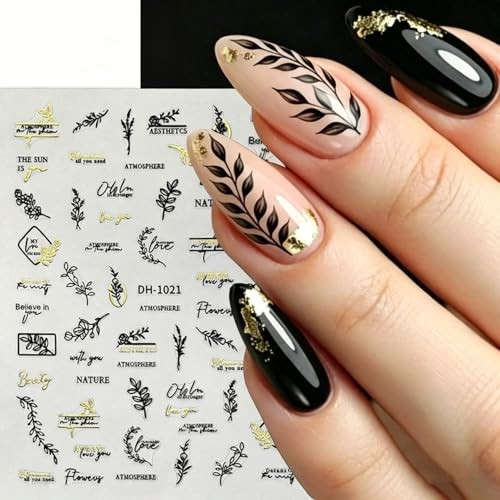 Black Gold Nail Art Stickers Decals Leaf Letter 3D Nail Decals for Nail style13
