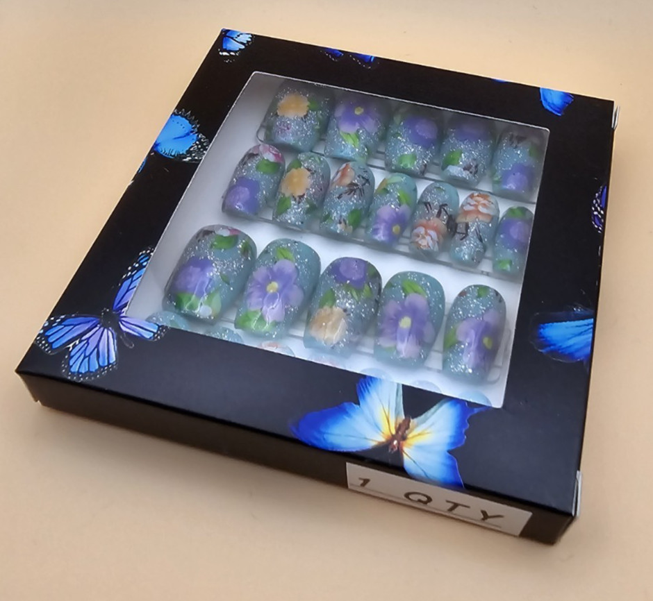 Reusable Short Coffin Press-On Nails – Teal Floral 24pc Full Cover Set