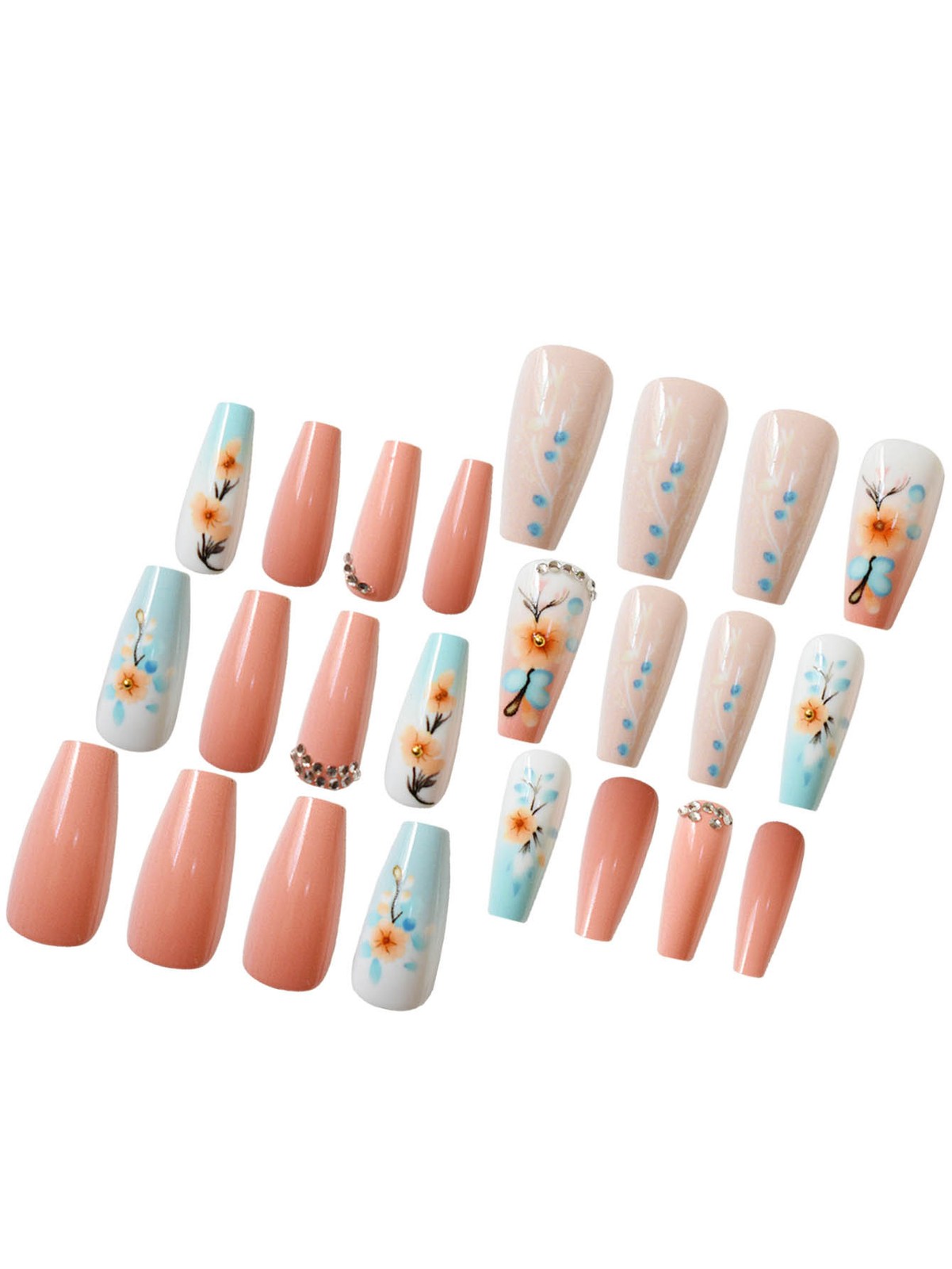 24PCS Sweet Cool 3D Floral Coffin Rhinestone Contrast Ballet Short Press On Nail