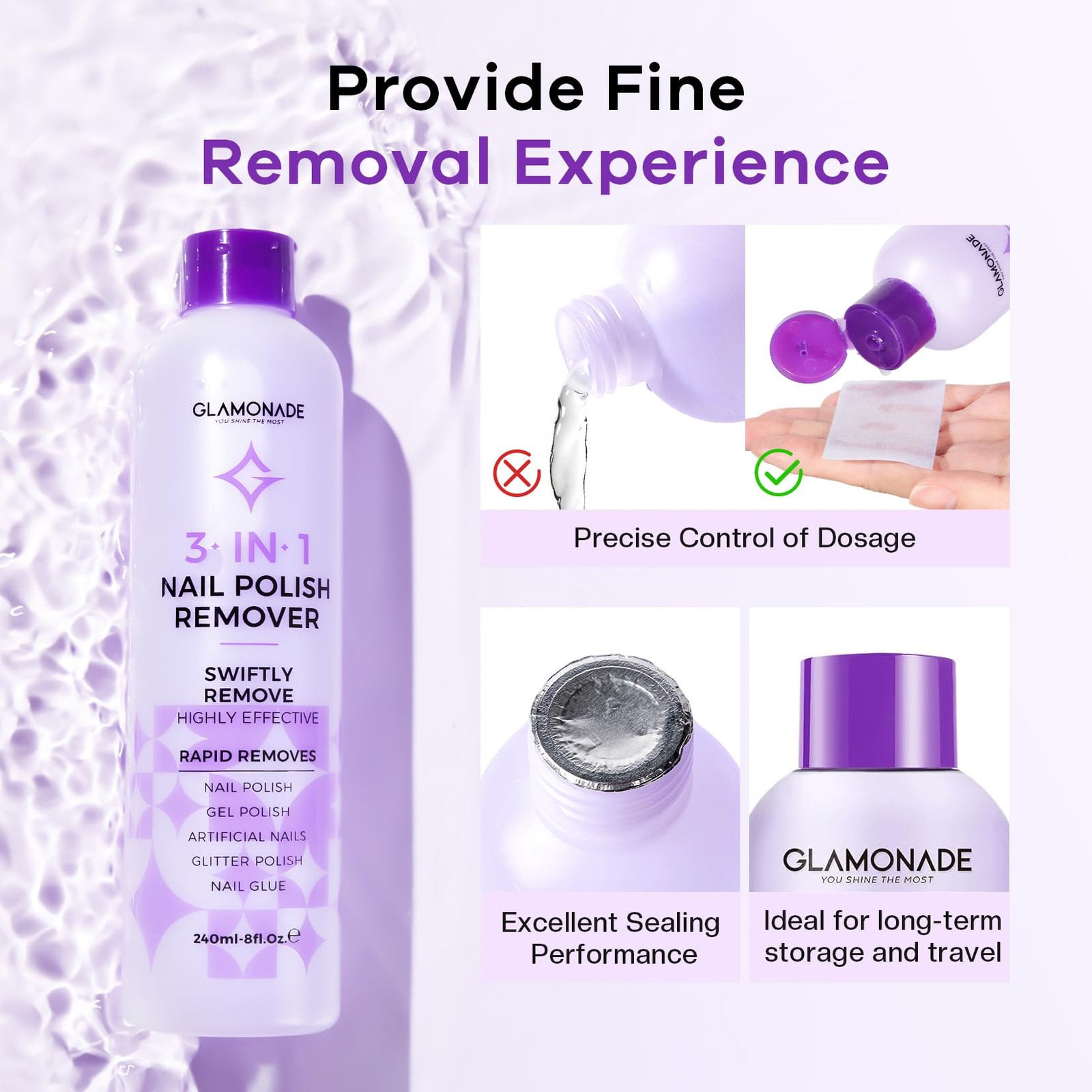 Glamonade Acetone Nail Polish Remover A5-8 Ounce + Manicure Kit Bowl, Purple