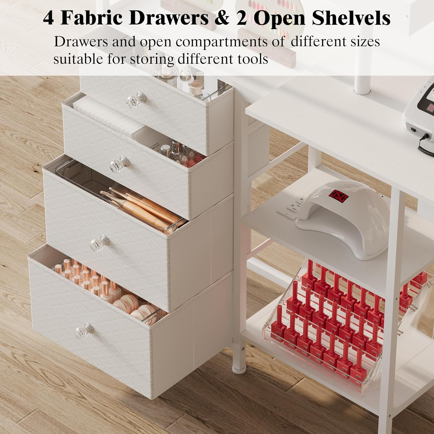 Nail Tech Workstation L-Shaped Wheels Charging Station