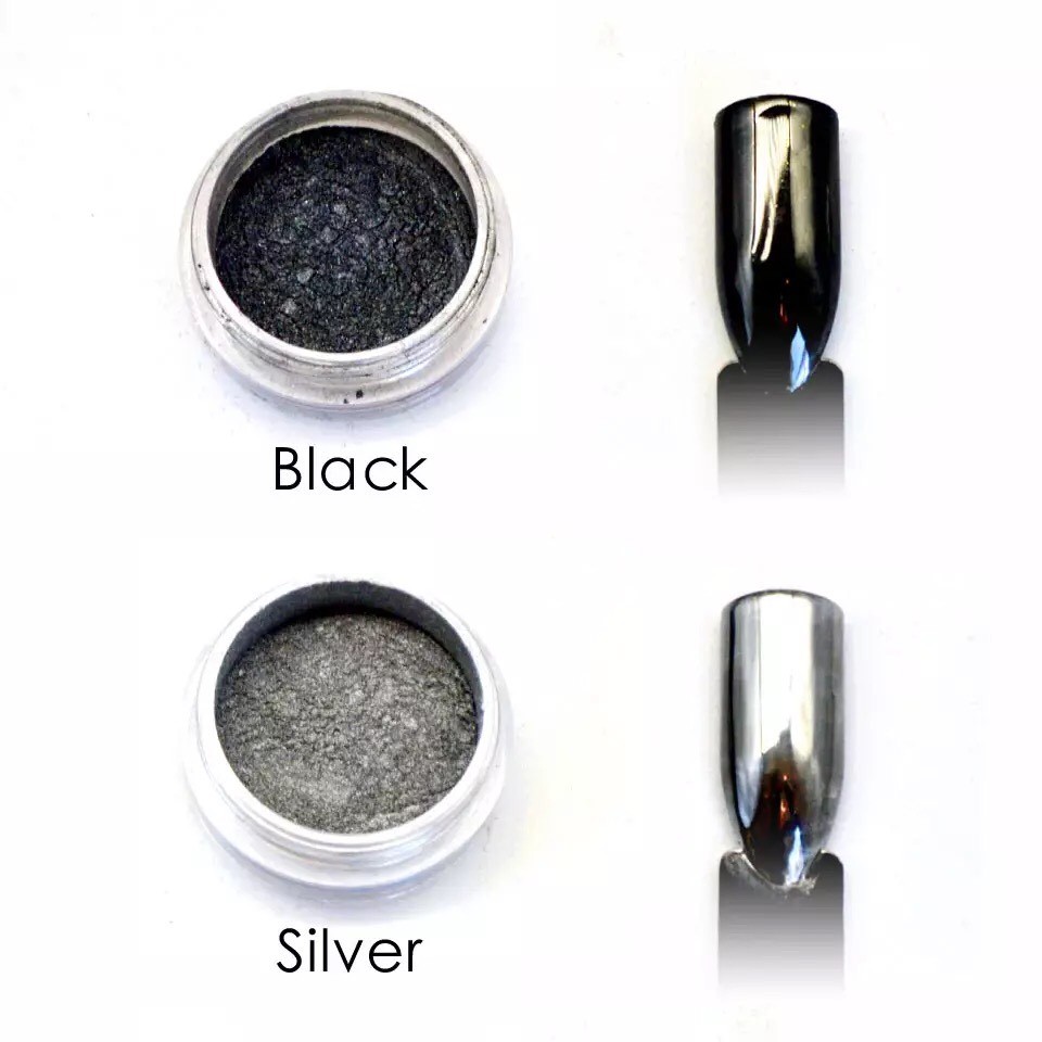 Black Silver Chrome Mirror Nail Powder Set 2pcs Shiny Metallic Effect Manicure