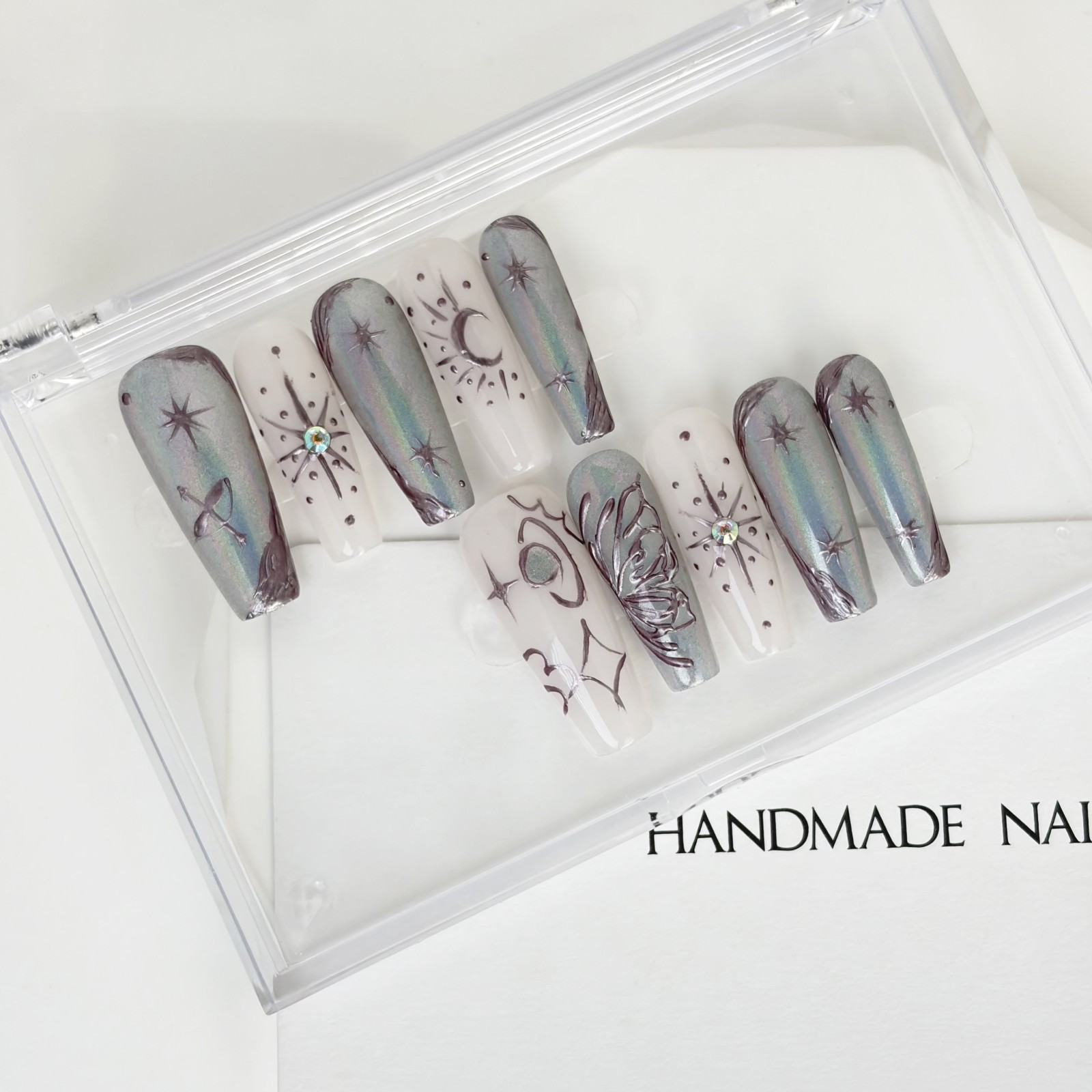 Futuristic Silver Gray Diamond Thorn Coffin Press-On Nails with Metal Details
