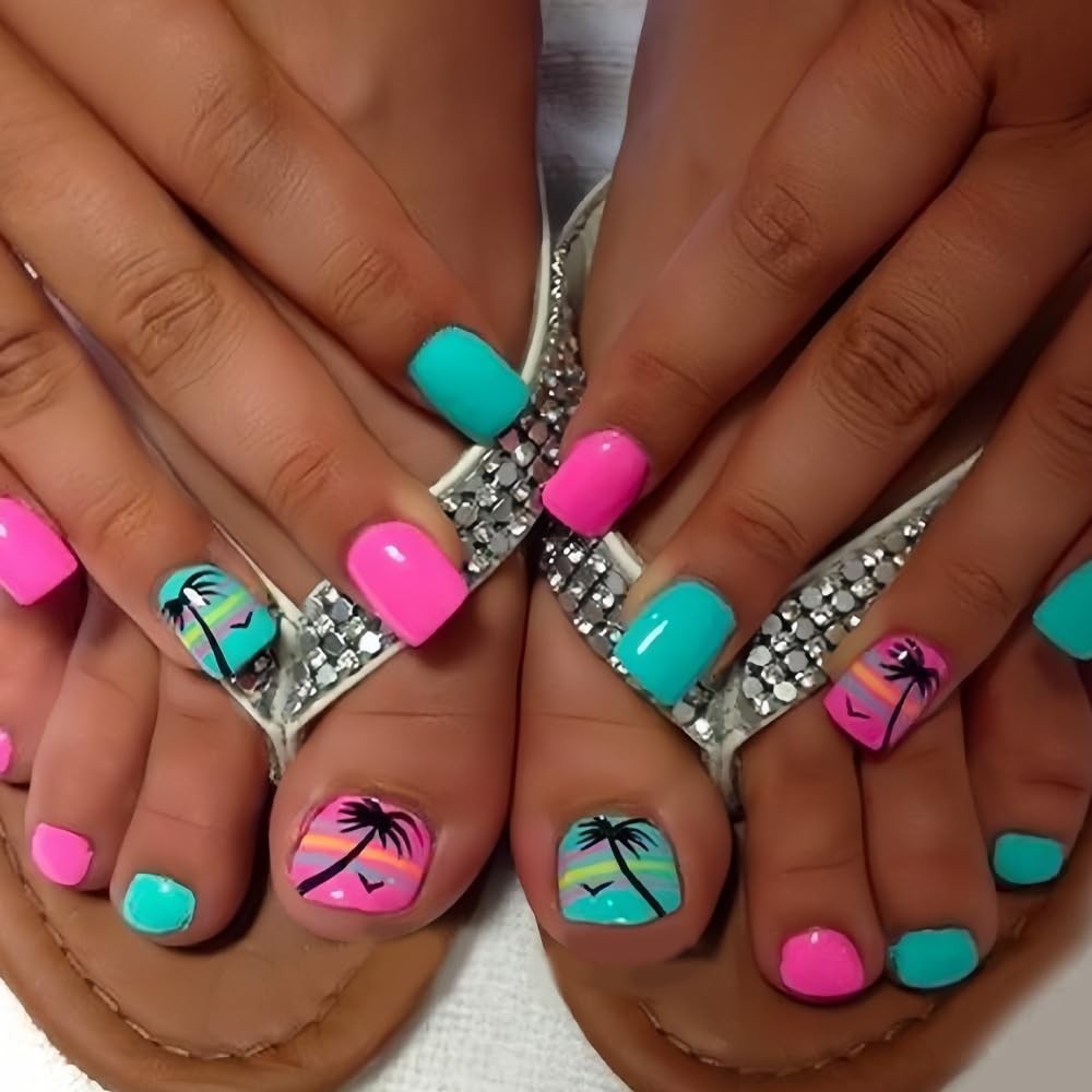 48Pcs Summer Press on Nails and Toes Matching Set Palm Tree Medium, Style-18