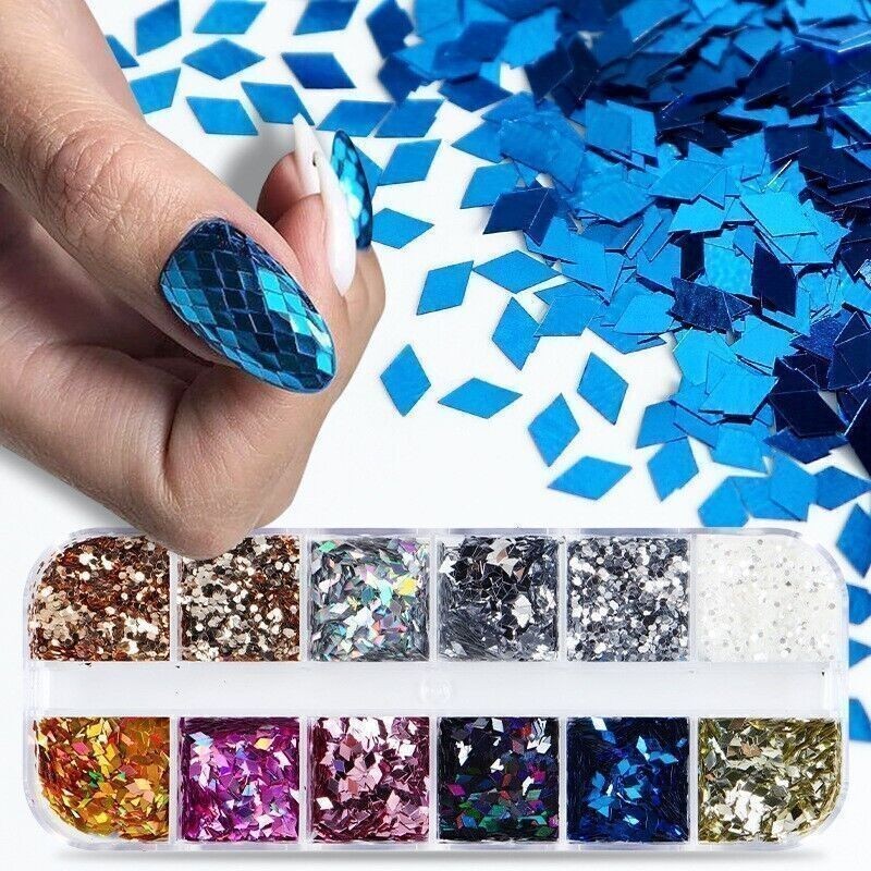12 Grids Colorful Glitter Rhombus Design Nail Art Sequins Nails Stickers Decor