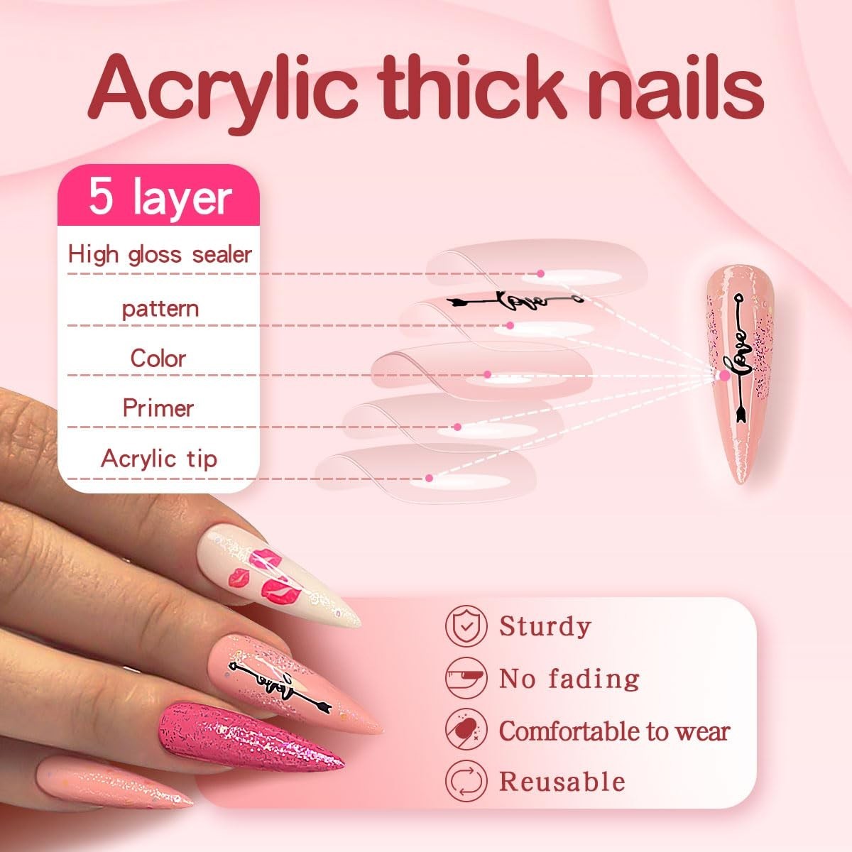 Pink Stiletto Press on Nails Extra Long Fake Nails With Designs Valentines Da…