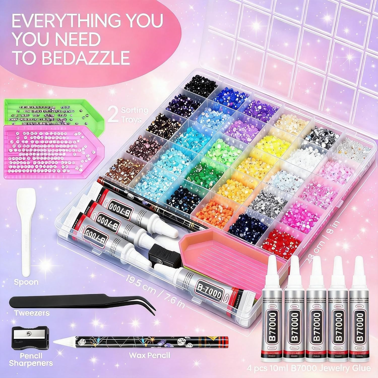 Bling Kit for Crafts, 30 Colors 3Mm Flat Back Rhinestones with 4 B7000 Glue, Bed