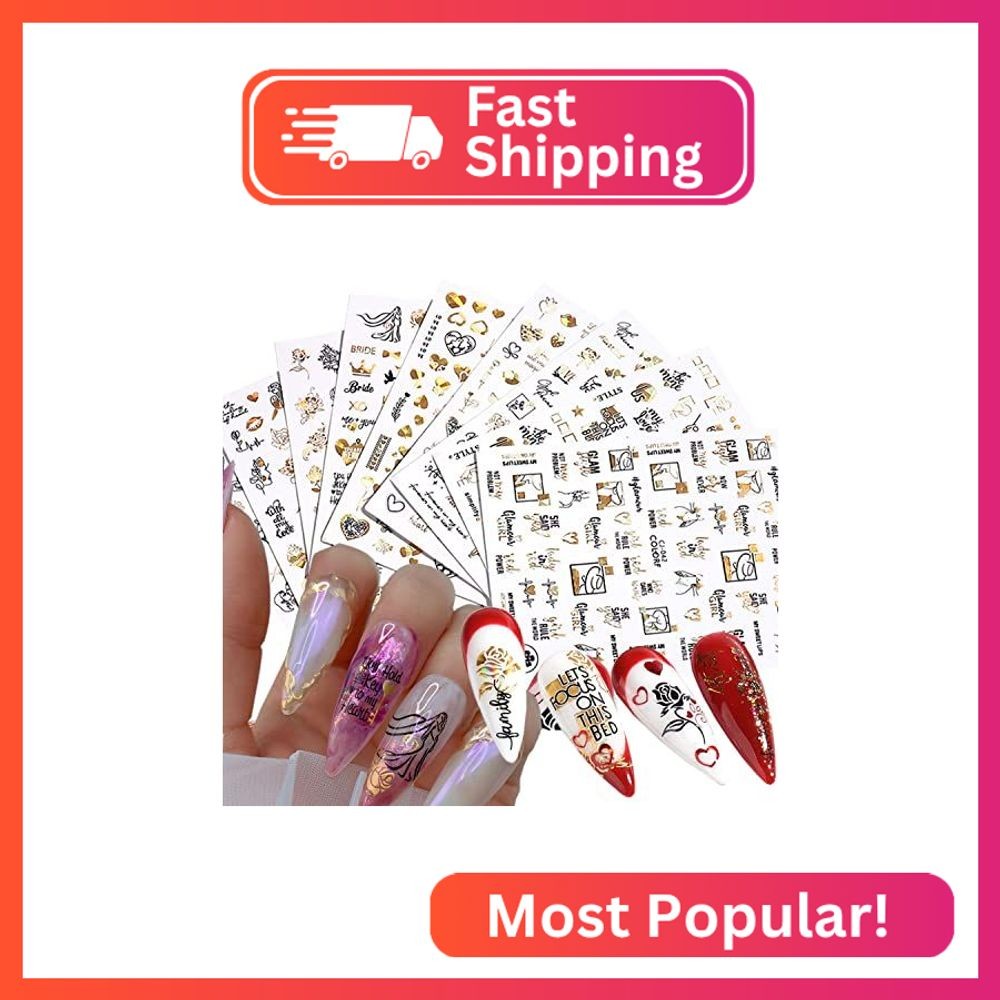 Gold Flowers Nail Art Stickers, Holographic Rose Floral Leaf Love Heart Lips Let