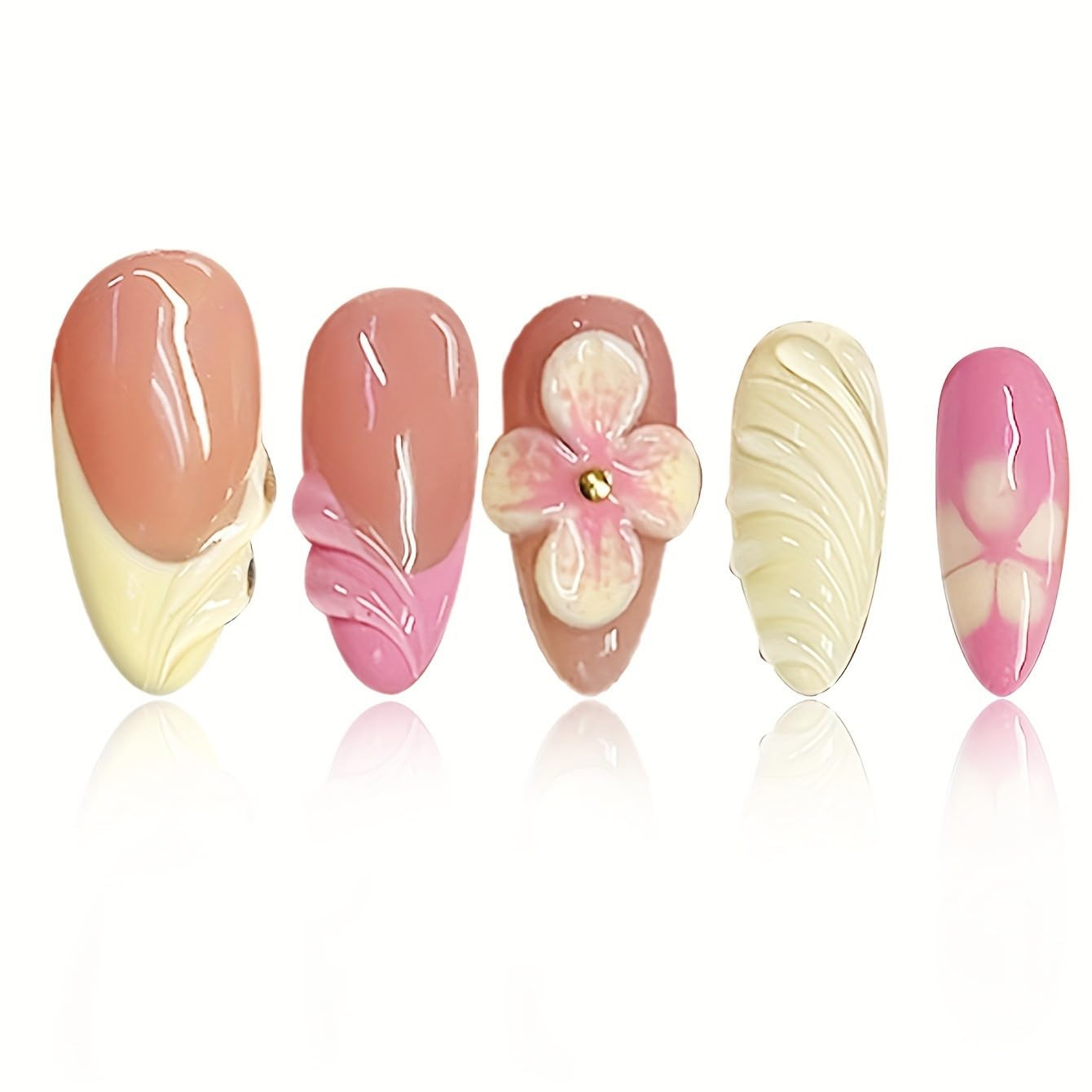 24Pcs Yellow French Tip Press on Nails Medium Almond Fake Nails with 3D Flower G
