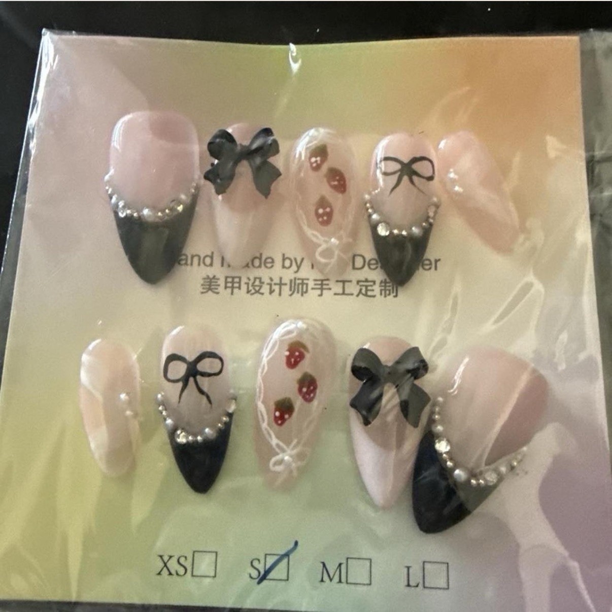 Press-On Nails 3D Pre-Designed Acrylic Pink/Black/White Bow Medium Almond